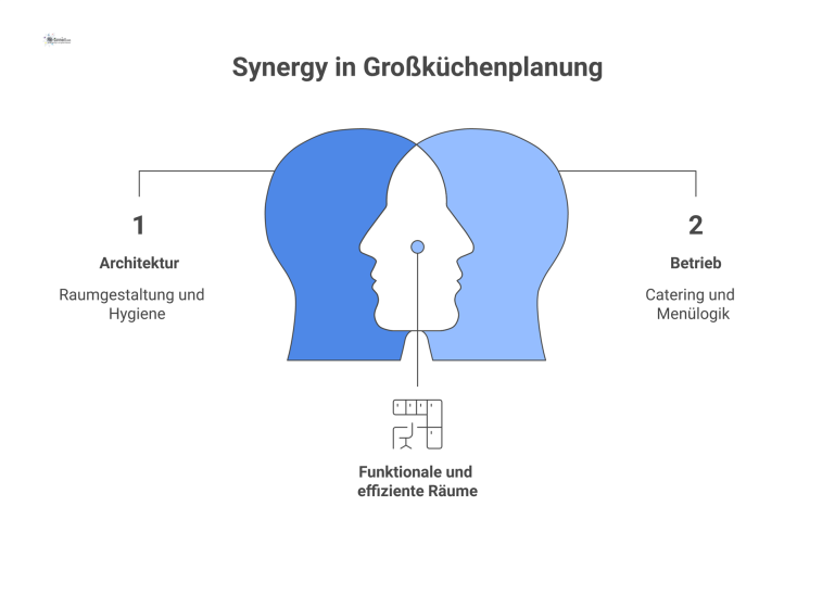 Ein vernetztes Diagramm zur Großküchenplanung, das den zentralen Knoten 'Projekt' mit den vier Bereichen Architektur, Betrieb, Mitarbeiter und Nachhaltigkeit verbindet. 