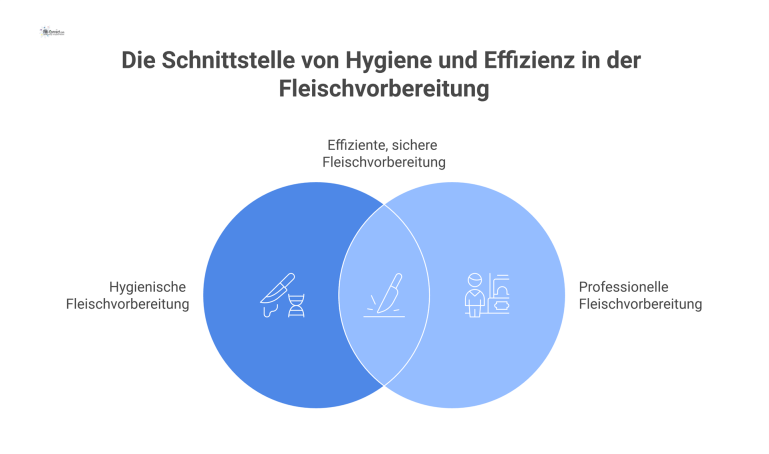 Ein Metzger in einer professionellen, hygienischen Fleischvorbereitungsküche an einer Edelstahltheke mit Spüle, umgeben von Spezialmaschinen wie Wolf und Cutter. 