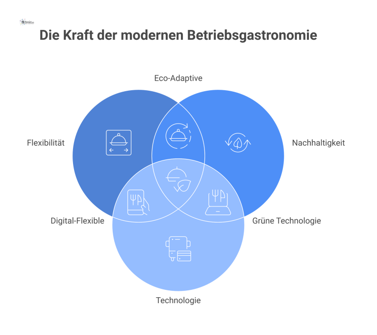  Infografik über moderne Betriebsgastronomie, die die vier Säulen Flexibilität, Nachhaltigkeit, Technologie und Erlebnis mit klaren Icons darstellt. 