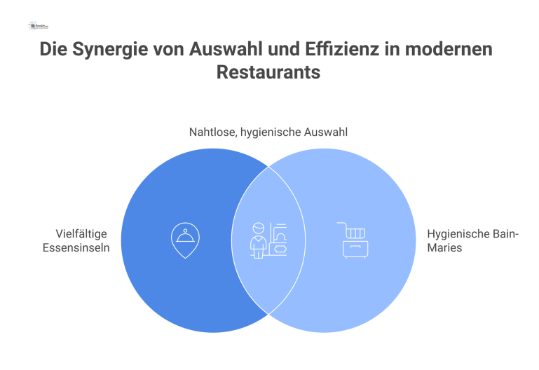  Diagramm eines modernen Restaurantkonzepts mit Gästen, die sich frei zwischen thematischen Essensinseln bewegen, ohne Warteschlangen.