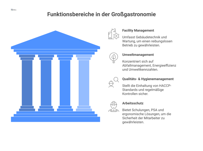Mind-Map zu den Funktionsbereichen in der Großgastronomie mit den vier Hauptästen Facility Management, Umweltmanagement, Qualitäts- und Hygienemanagement sowie Arbeitsschutz.