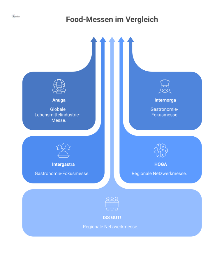 Infografik, die fünf Food-Messen vergleicht und ihre Schwerpunkte global, Gastronomie und regional mit deskriptiven Icons darstellt.