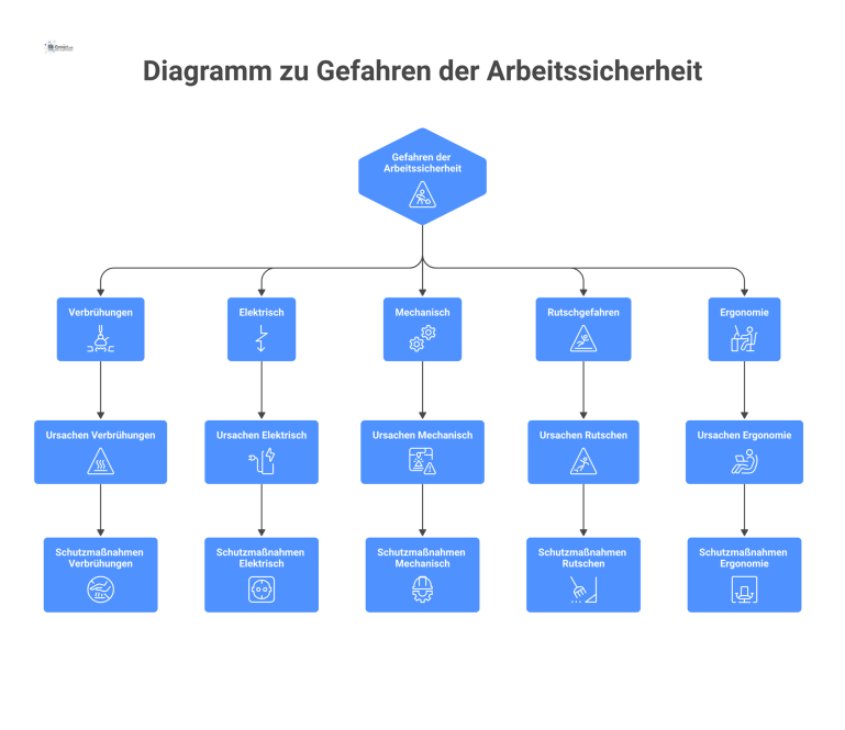 Diagramm zu Arbeitssicherheit, das die fünf Gefahren Verbrühungen, Elektrisch, Mechanisch, Rutschen und Ergonomie mit ihren Ursachen und Schutzmaßnahmen visualisiert.