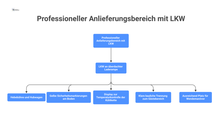  Diagramm eines Anlieferungsbereichs mit LKW an einer Laderampe, Hebebühne, Hubwagen, gelben Bodenmarkierungen und getrenntem Gästebereich. 