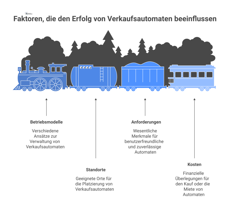 Infografik über Verkaufsautomaten in Unternehmen, die die Bereiche Betriebsmodelle, Standorte, Anforderungen und Kosten eines Snackautomaten darstellt. 