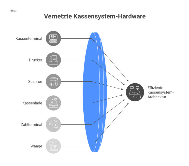 Infografik einer Kassensystem-Hardware-Architektur mit zentralem Terminal, das mit Peripheriegeräten wie Drucker, Scanner und zukünftigen Erweiterungen vernetzt ist.