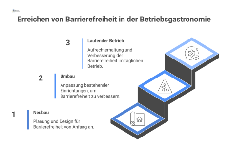 Infografik zu den Herausforderungen der Barrierefreiheit in der Betriebsgastronomie, visualisiert in den drei Phasen Neubau, Umbau und laufender Betrieb.