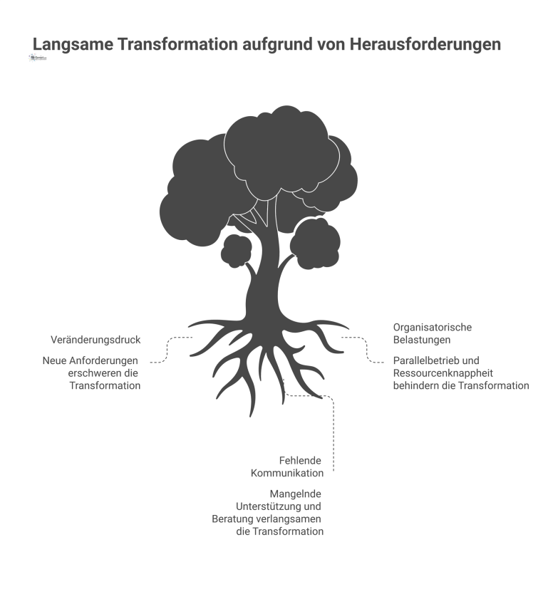 Diagramm: Herausforderungen der Transformation Hierarchisches Diagramm zu Herausforderungen der Transformation mit den Hauptkategorien Veränderungsdruck, organisatorische Belastungen und fehlende Kommunikation.