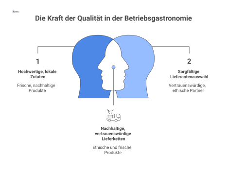 Diagramm das zeigt, wie lokale Zutaten und Qualitätskontrolle zu Nachhaltigkeit, Mitarbeitervertrauen, schmackhaften Gerichten und letztendlich zum Erfolg führen.