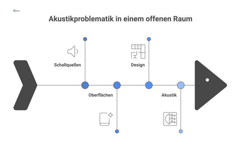 Diagramm zur Raumakustik, das unkontrollierte Schallreflexionen von Stimmen an harten Oberflächen und den daraus resultierenden hohen Lärmpegel zeigt. 
