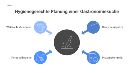 Infografik zur HACCP-konformen Küchenplanung mit den Bereichen bauliche Aspekte, Prozesskontrolle, Personalhygiene und weiteren Maßnahmen wie Schädlingsschutz.