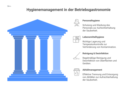 Mindmap zum Hygienemanagement in der Betriebsgastronomie mit den vier Hauptzweigen Personalhygiene, Lebensmittelhygiene, Reinigung und Desinfektion sowie Abfallmanagement. 