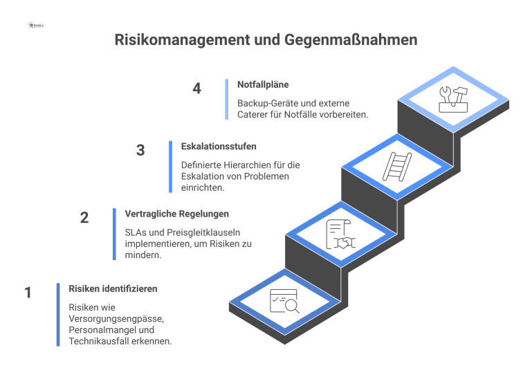 Diagramm: Risikomanagement und Gegenmaßnahmen Diagramm zum Risikomanagement, das identifizierte Risiken wie Versorgungsengpässe den drei Säulen der Gegenmaßnahmen (Verträge, Eskalation, Notfallpläne) gegenüberstellt.
