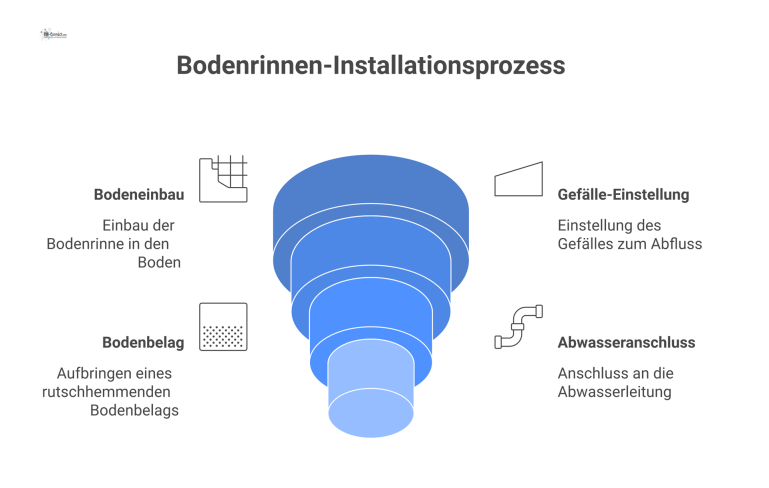 Technisches Schnittdiagramm zum Einbau einer Bodenrinne mit Gefälle, rutschhemmendem Bodenbelag und Anschluss an einen integrierten Fettabscheider.
