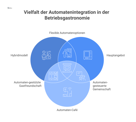  Infografik, die drei Modelle zur Integration von Automaten in die Betriebsgastronomie zeigt: Hybridmodell, Hauptangebot und Automaten-Café.
