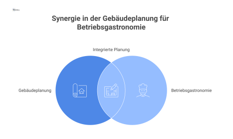 Infografik, die die zentrale Küche und ihre Schnittstellen zu Statik, TGA, Brandschutz und Architektur bei der Gebäudeplanung visualisiert. 