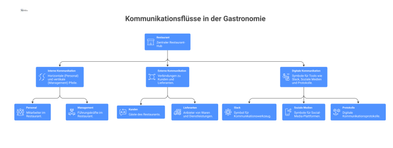 Diagramm der Kommunikationsflüsse in der Gastronomie, unterteilt in die Bereiche intern, extern und digital für Mitarbeiter, Kunden und Lieferanten.