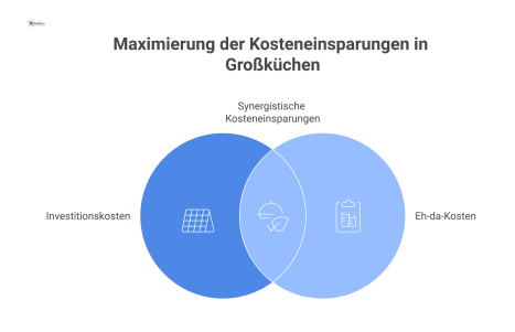  Infografik zum Kostenmanagement in einer Großküche, die zwei Bereiche zur Kostenreduktion visualisiert: Investitionskosten und Nutzung vorhandener Ressourcen.