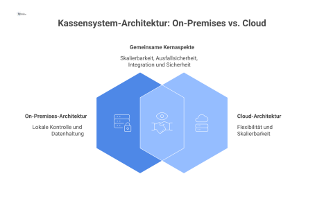 Architekturdiagramm, das die Konzepte On-Premises und Cloud für ein Kassensystem über vier Standorte hinweg vergleicht.