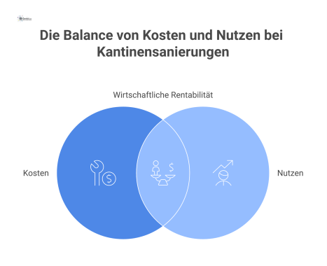  Infografik einer Waage, die die Kosten der Kantinensanierung links dem Nutzen wie Energieeinsparungen und Mitarbeiterzufriedenheit rechts gegenüberstellt. 