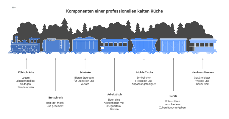 Grundriss einer professionellen Kaltküche mit zentraler Arbeitsinsel, Kühlschränken, Schränken und separatem Handwaschbecken an der Wand. 