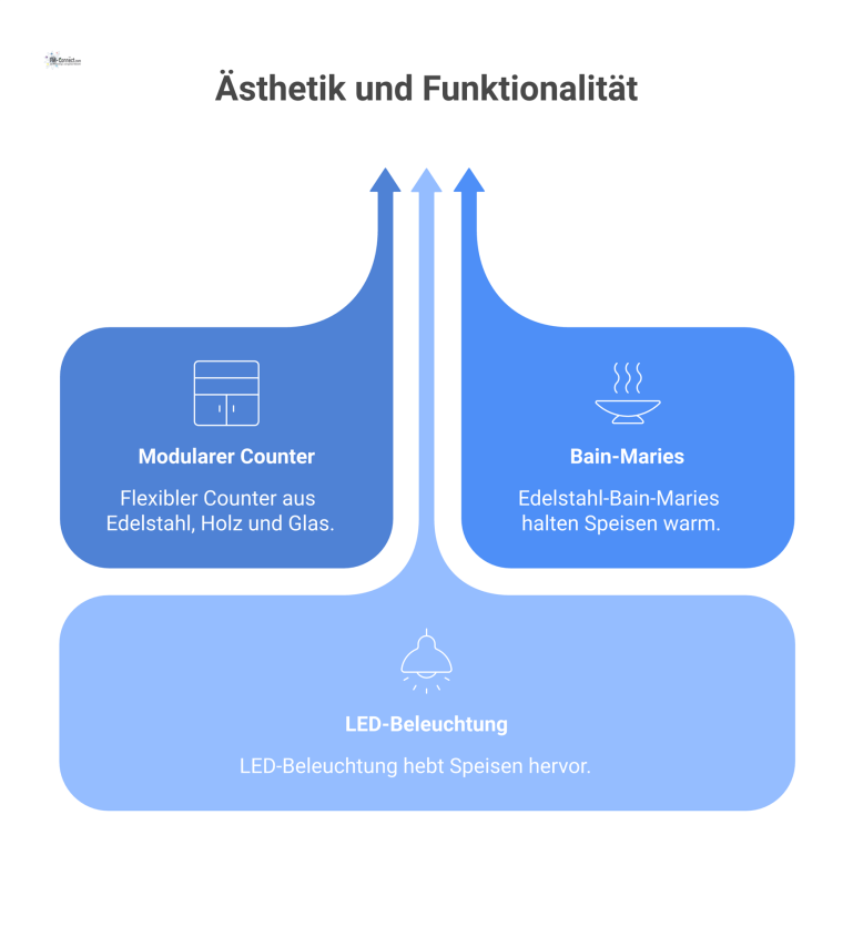  Moderne, professionelle Essensausgabe als modularer Free-Flow-Counter aus Edelstahl und Holz mit integrierten Bain-Maries und LED-Beleuchtung. 