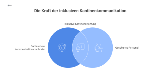 Infografik im Hub-and-Spoke-Stil, die eine Kantine im Zentrum zeigt, umgeben von Symbolen für barrierefreie Kommunikation und Inklusion.