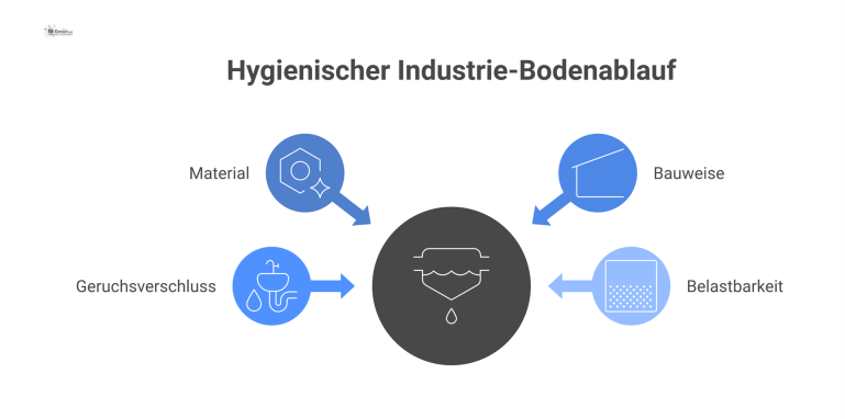 Mind-Map, die die Konstruktionsmerkmale eines hygienischen Industrie-Bodenablaufs zeigt. Hauptäste sind Material, Bauweise, Geruchsverschluss und Belastbarkeit. 
