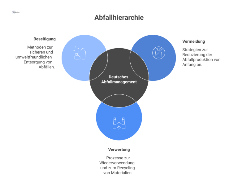Infografik, die die deutsche Abfallhierarchie als Pyramide zeigt, umgeben von Icons für relevante Gesetze und den Zero-Waste-Prozess. 