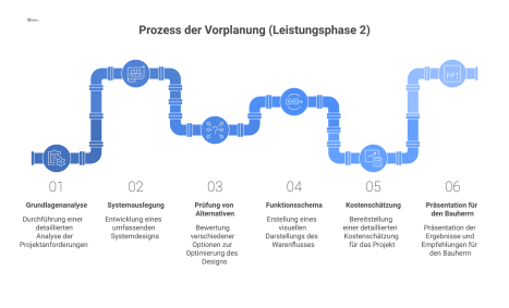 Flussdiagramm des Prozesses 'Vorplanung' von der Grundlagenanalyse über die Systemauslegung und Alternativenprüfung bis zur finalen Kostenschätzung und Präsentation. 