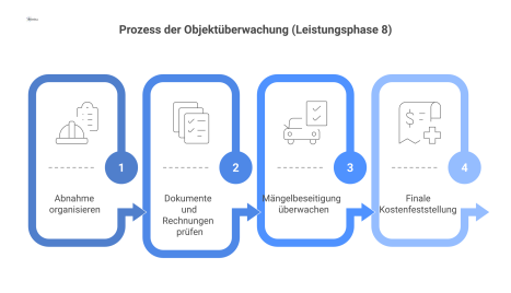  Flussdiagramm, das den Prozess der Objektüberwachung mit den Aufgaben und Verantwortlichkeiten von Fachplaner, Auftragnehmer und Auftraggeber darstellt. 