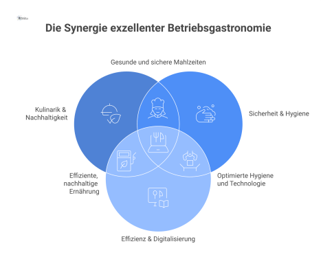 Infografik zu den vier Säulen der Betriebsgastronomie: Kulinarik, Sicherheit, Effizienz und Mitarbeiterfokus, die von einem zentralen Kreis ausgehen.