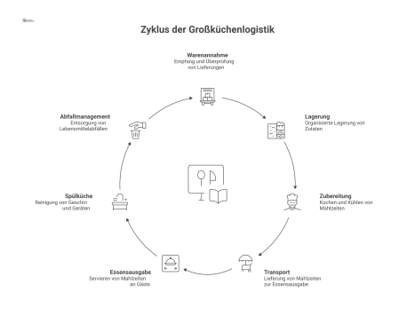 Flussdiagramm der Großküchenlogistik, das den Prozess von Warenannahme, Zubereitung, Essensausgabe, Spülküche bis zum Abfallmanagement zeigt.