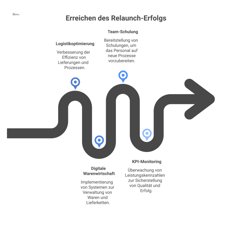  Infografik-Roadmap mit vier Phasen für den Relaunch einer Betriebsgastronomie, dargestellt durch Icons wie LKW, Software, Menschen und einem Graphen. 