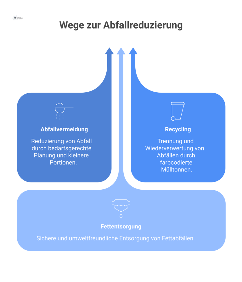  Infografik zum Abfallmanagement in der Gastronomie, die die Bereiche Abfallvermeidung, Recycling und Fettentsorgung mit Piktogrammen veranschaulicht. 