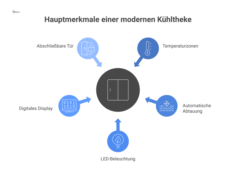Moderne Kühltheke: Hauptmerkmale visualisiert Infografik einer Edelstahl-Kühltheke mit Icons und Texten zu den Merkmalen: Temperaturzonen, Abtauung, LED-Beleuchtung, Display und abschließbare Tür.