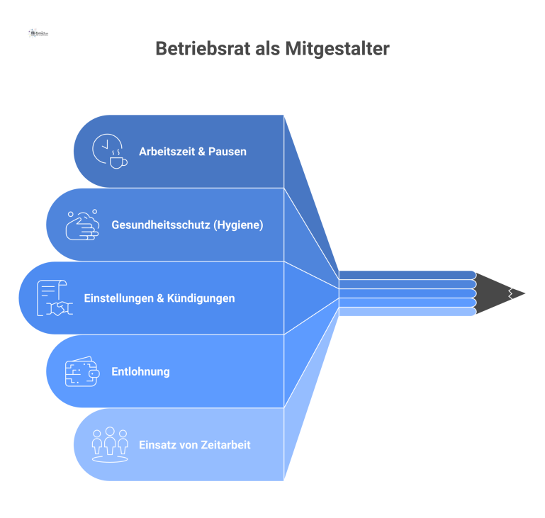 Mitbestimmung in der Betriebsgastronomie Infografik mit dem Betriebsrat als zentralem Punkt, von dem Linien zu den Mitbestimmungsthemen Arbeitszeit, Gesundheitsschutz und Personalentscheidungen führen.