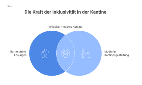 Grundriss einer inklusiven Kantine mit breiten Wegen, flexiblen Sitzbereichen und Icons, die barrierefreie Lösungen für diverse Bedürfnisse aufzeigen.