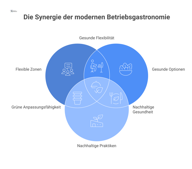 Moderne Infografik zur Betriebsgastronomie der Zukunft, die vier Säulen zeigt: Multi-Space, Healthy Hubs, Nachhaltigkeit und Community. 