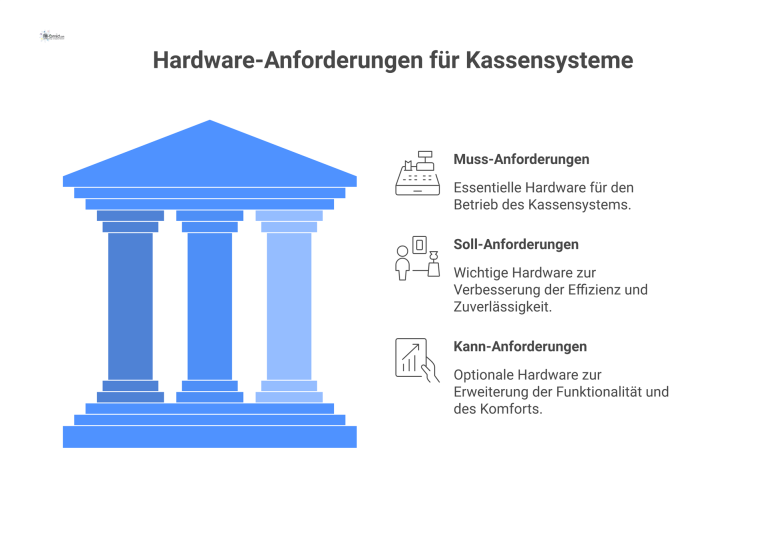 Hardware-Anforderungen für ein Kassensystem Ein Diagramm der Hardware-Anforderungen für Kassensysteme, unterteilt in die drei priorisierten Spalten: Muss (essenziell), Soll (wichtig) und Kann (optional).