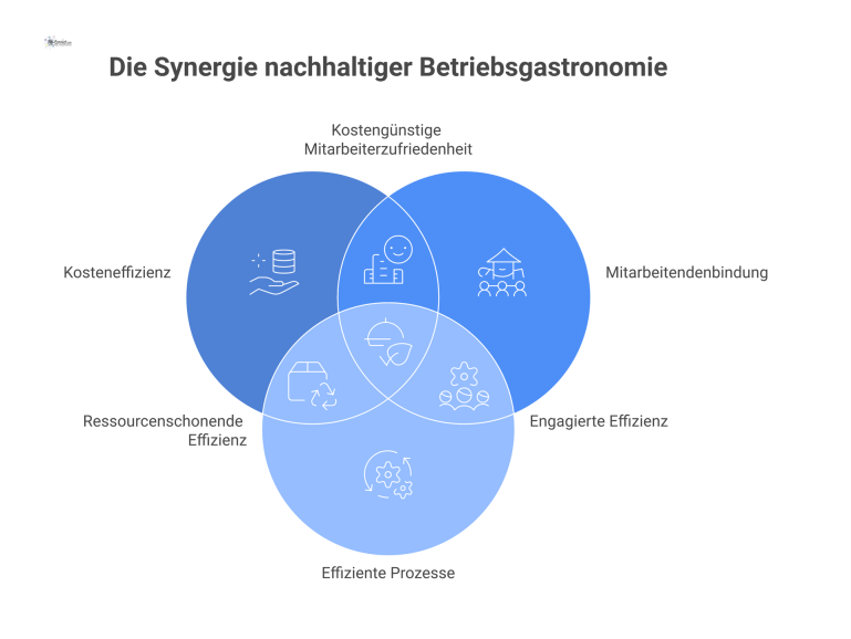 Infografik, die die Vorteile nachhaltiger Betriebsgastronomie zeigt, aufgeteilt in Kosteneffizienz, Mitarbeitendenbindung und effiziente Prozesse.