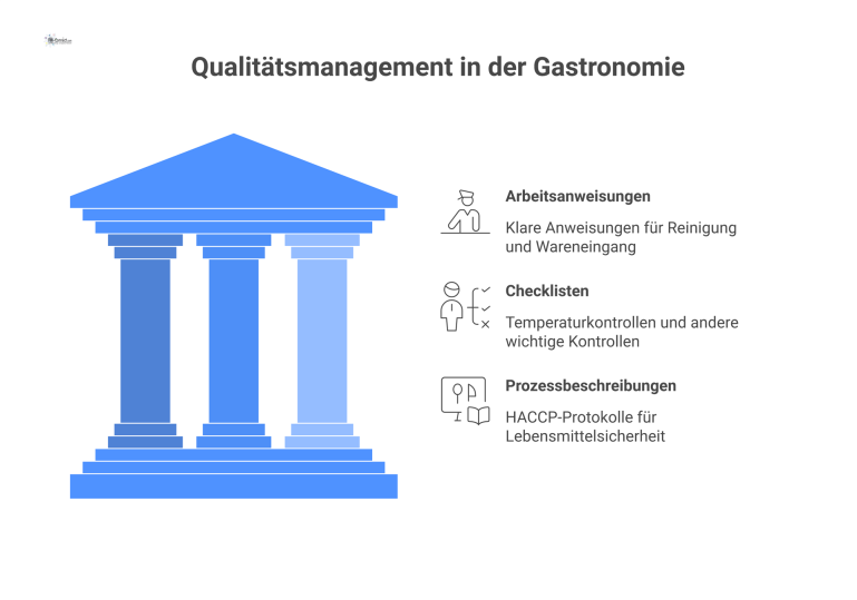 Qualitätsmanagement in der Gastronomie Infografik zu den drei Säulen des Qualitätsmanagements in der Gastronomie: Arbeitsanweisungen, Checklisten und Prozessbeschreibungen für Hygiene und Sicherheit.