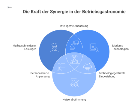 Ein Hub-and-Spoke-Diagramm zum Thema Nutzerausbau der Betriebsgastronomie mit den drei verbundenen Bereichen Lösungen, Technologien und Nutzerabstimmung. 