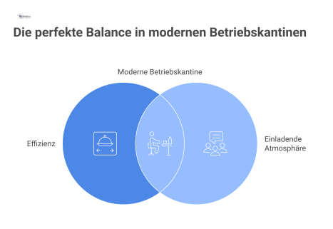 Diagramm einer modernen Betriebskantine mit optimiertem Layout, das klare Wege zur Speiseausgabe und zu verschiedenen Sitzbereichen zeigt.