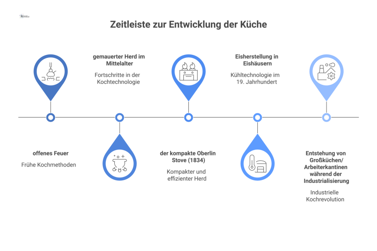 Zeitleiste zur Entwicklung der Küche Eine Infografik als Zeitleiste, welche die Entwicklung der Küche vom offenen Feuer über den gemauerten Herd bis zu Großküchen zeigt.