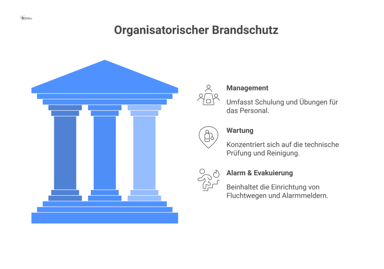 Eine Mindmap zum organisatorischen Brandschutz mit den drei Hauptbereichen Management, Wartung sowie Alarm und Evakuierung und deren jeweiligen Unterpunkten.