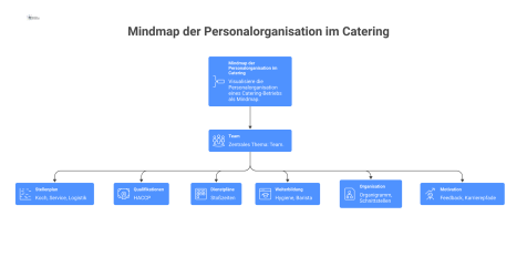 Mindmap zur Personalorganisation eines Catering-Betriebs, die Themen wie Stellenplan, Qualifikationen, Dienstpläne, Weiterbildung, Organisation und Motivation abdeckt.