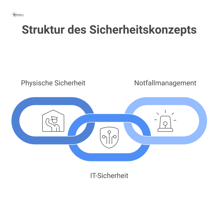 Mindmap mit dem zentralen Thema Sicherheitskonzept und den drei Hauptästen physische Sicherheit, IT-Sicherheit sowie Notfallmanagement mit Unterpunkten.