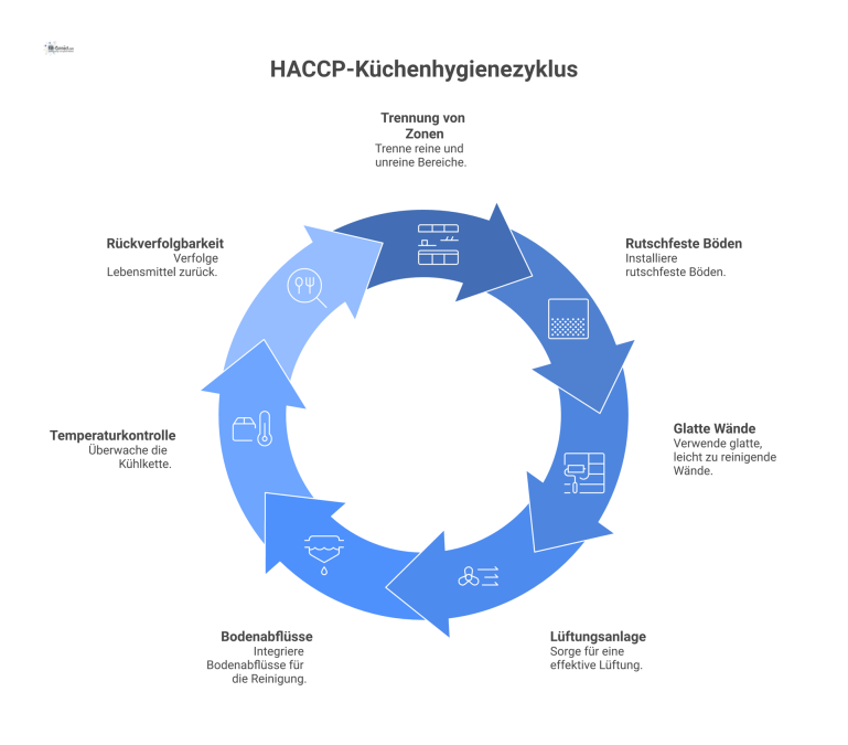 Infografik einer professionellen Hygieneküche nach HACCP mit getrennten reinen und unreinen Zonen, beschrifteten Details und relevanten Symbolen.
