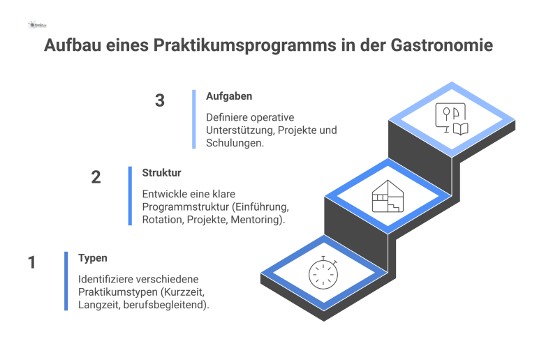Infografik zum Aufbau eines Praktikumsprogramms in der Gastronomie, unterteilt in die drei Hauptbereiche Typen, Struktur und Aufgaben.